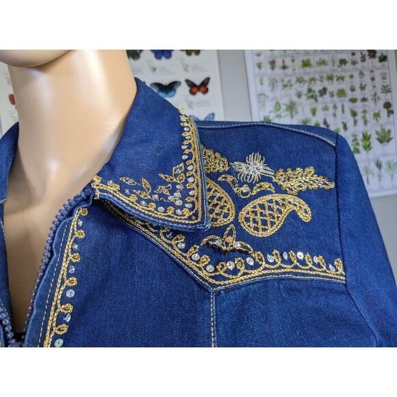 Vintage 90s Victor Costa Jean Jacket Western Sequin Denim Rodeo Dark Size S - Picture 4 of 12